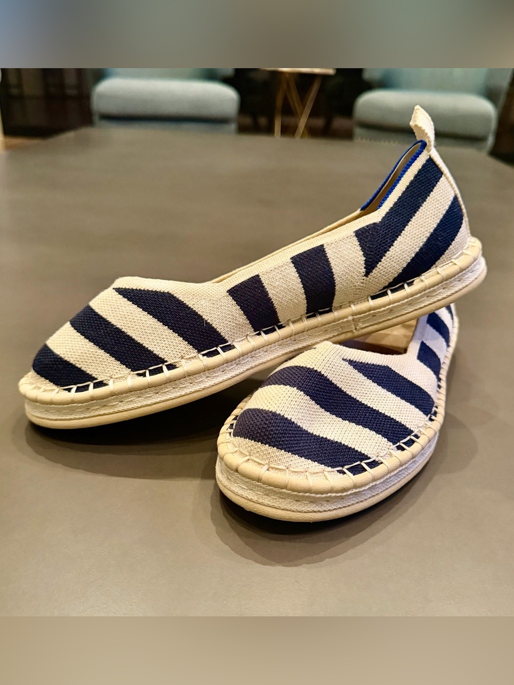 Rothy's Navy and Cream Striped Slip-On Espadrilles… SZ 9